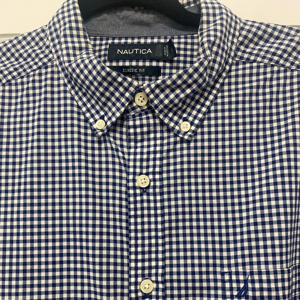 Nautica Blue and White Gingham Button-Down Shirt